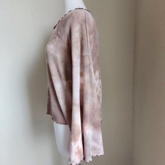 Entro Taupe Brown Tie Dye Bell Sleeve Top Size Small Waffle Knit Long Sleeve - Picture 3 of 11
